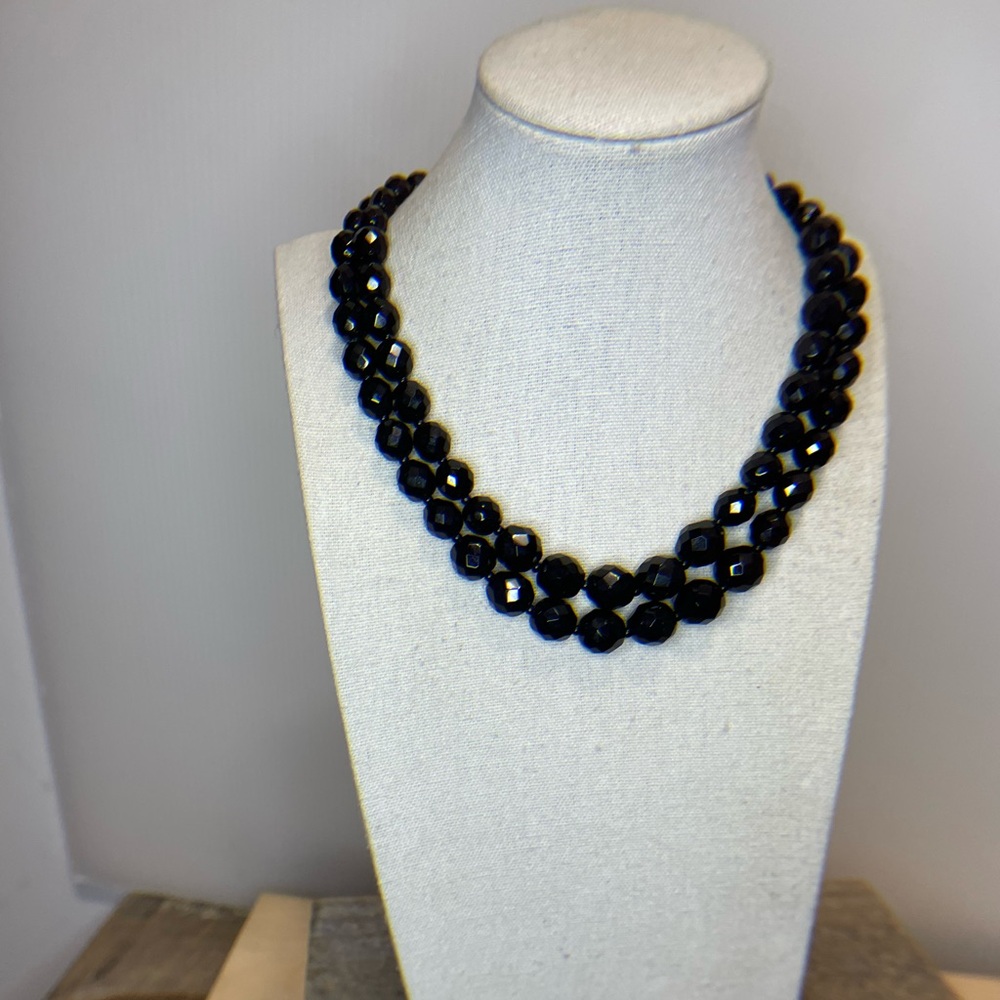 Double Strand Faceted Black Glass Necklace Vintage